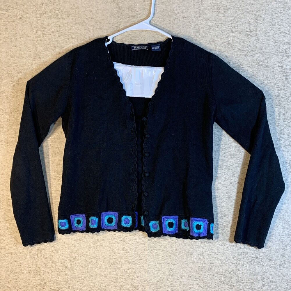 Harold's Womens Black Sweater Sz L Long Sleeve Embroidered Classy 100% Cotton
